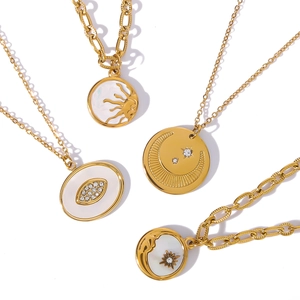 18K gold plated stainless steel sun and moon pendant necklaces with white shell inlay