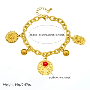 Vintage gold stainless steel sun pendant bracelet with red gemstone and coin charms