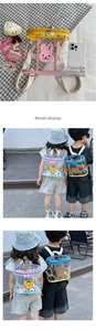 Detail view of transparent PVC kids backpack with colorful trim and cartoon patches