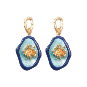 Elegant gold oval flower earrings with blue and teal ocean inspired enamel coral design