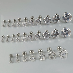 Polished stainless steel stud earrings with cubic zirconia in multiple sizes and star shapes