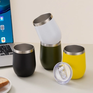Set of four 12oz stainless steel wine tumblers in matte black white green and yellow colors