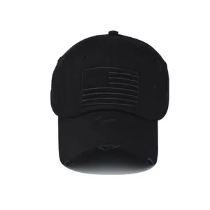 Black vintage washed cotton baseball cap with loop patch area and distressed details
