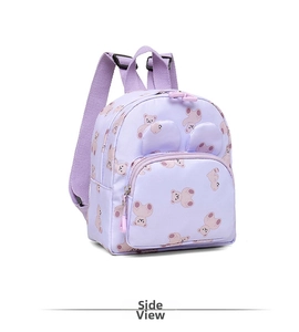 Side view of a light purple waterproof kids backpack with cute pink bear prints