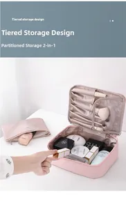 Détail macro du sac à cosmétiques rose à deux couches montrant les fentes pour pinceaux