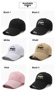 Grid view of cotton baseball caps in six colors with detailed 3D letter embroidery