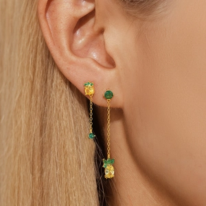 Close-up of S925 sterling silver pineapple drop earrings with yellow and green crystals