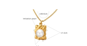 Detailed view of French vintage gold necklace with pearl pendant and size dimensions