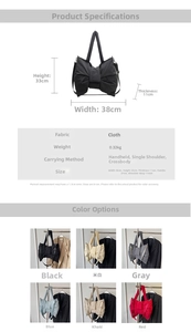 Detailed size chart for the large bow canvas tote bag with various color options