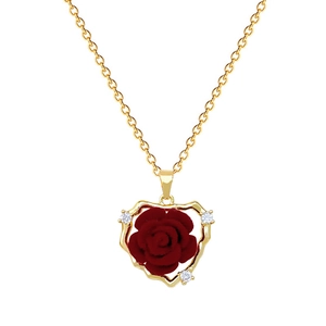 Luxurious gold heart necklace with red flocked rose and sparkling crystals pendant