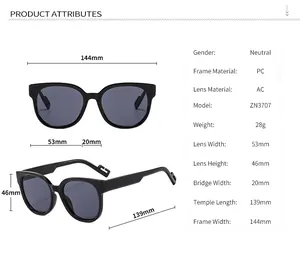 Detailed size specifications for PC frame neutral sunglasses with 144mm frame width