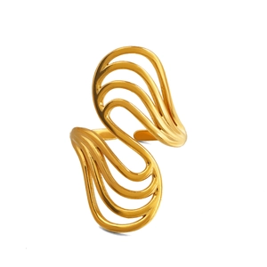 Exaggerated geometric hollow line open ring in 18K gold plated stainless steel