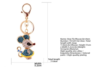 Detailed size specifications for the rhinestone mouse keychain with bow-knot pendant