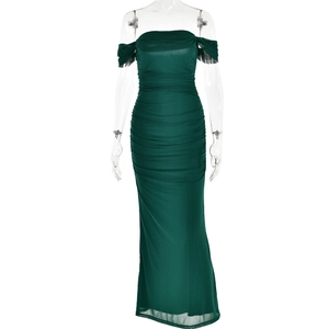 Dark green off-shoulder mesh maxi dress with ruched details and a slim fit design