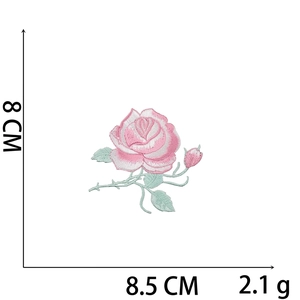 Detailed size view of rose flower embroidery patch measuring 8 by 8.5 cm and 2.1g
