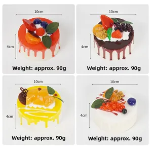 Detail view of 10cm foam squishy cake models with various fruit toppings and dimensions