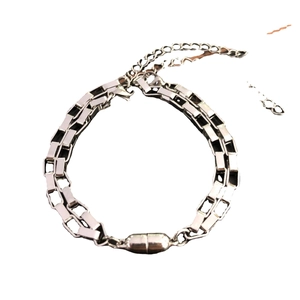 Dual-layer stainless steel magnetic bracelets with polished rectangular links for couples