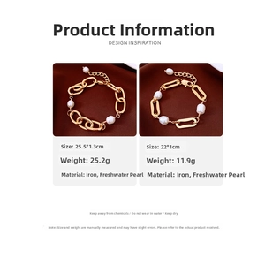 Detailed view of 18k gold plated chain bracelets with freshwater pearls on brown velvet