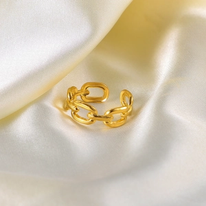18K gold plated stainless steel chain link open ring on beige silk background