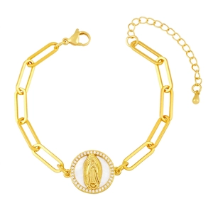 Golden paperclip chain bracelet featuring a Virgin Mary medallion with zircons