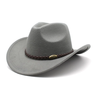 Cappello da cowboy classico in feltro di lana grigio chiaro con fascia intrecciata e fibbia