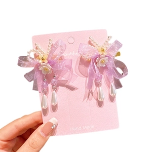 Handmade Chinese style floral hair clips with purple ribbons and pearl tassels for girls
