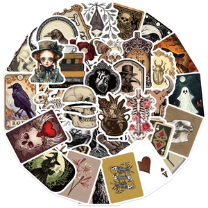 Detailed collage of gothic stickers featuring vintage skulls, crows, and anatomical designs