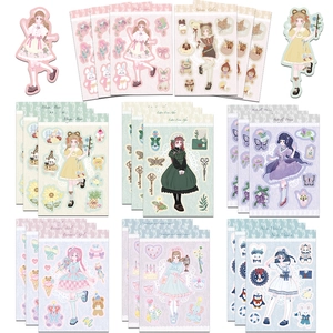 Detail of 8-sheet cartoon girl stickers set with various themes and pastel colors