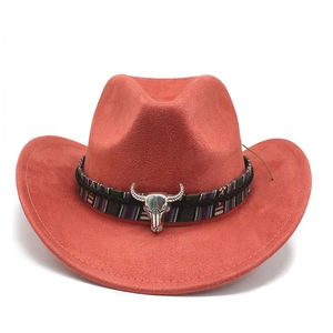 Detail of western cowboy hat featuring ethnic woven band and silver bull skull ornament