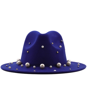 Royal blue wool felt fedora hat for women with elegant pearl and gold stud accents
