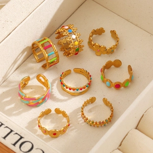 8-piece set of colorful enamel open rings in gold-plated stainless steel for women