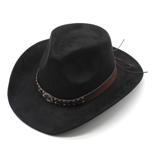 Close-up of black suede cowboy hat with vintage rivets and leather decorative band