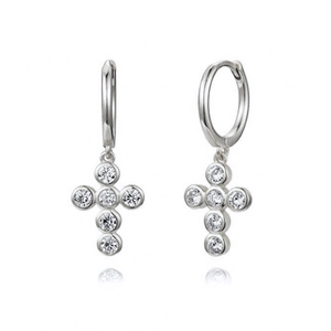 Elegant S925 silver cross hoop earrings with sparkling cubic zirconia stones for women