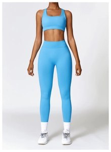 Detailed front view of vibrant blue seamless high-waist yoga set with ribbed texture