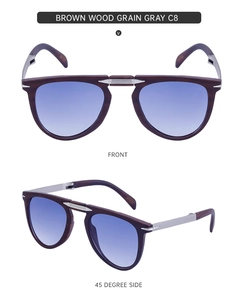 Front and 45-degree side views of retro brown wood grain sunglasses with gradient lenses