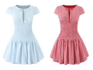 Detail of gingham short sleeve dress with elastic smocking waist and hollow-out lace-up design