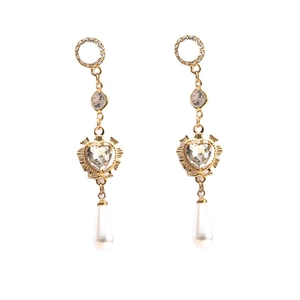 Elegant baroque pearl drop earrings with gold heart-shaped zircon crystal pendant on white back
