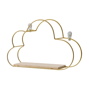 Cloud shaped gold metal wall shelf with wooden base for modern home organization