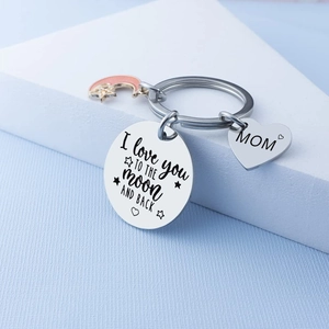 Stainless steel keychain with moon charm and I Love You To The Moon And Back quote