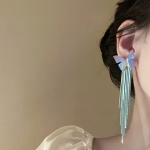 Détail des boucles d'oreilles papillon bleu clair avec de longues franges sur un modèle