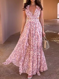 Vestito Maxi Stampa Floreale Chiffon Scollo A V Volant Senza Maniche Vita Ritagliata Spacco Alto Vacanze Estive Festa