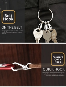 Mini SF spring snap hook keychain showing detail of the silver metal carabiner buckle