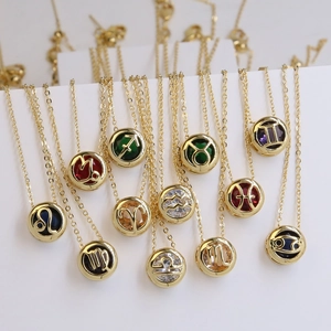 Gold brass 12 zodiac pendant necklaces with colorful cubic zirconia birthstones