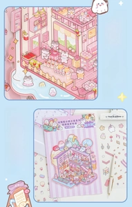 Detail of miniature town theme stickers with a 3D diorama background card for DIY projects