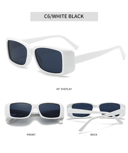 Detaillierte Ansichten einer weißen rechteckigen Sonnenbrille mit schwarzen Gläsern