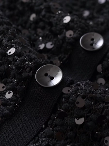 Dettaglio della giacca nera con paillettes con vista macro del tessuto e dei bottoni