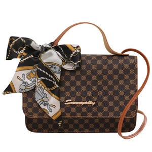 Classic dark brown printed handbag with silk scarf and adjustable leather strap