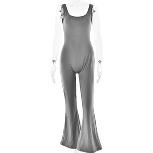 Detail view of grey sleeveless bodysuit with U-neck and flared leg slim fit cut