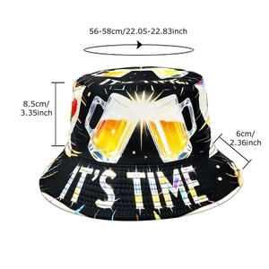 Black bucket hat with beer print and size guide dimensions for head circumference 56-58cm