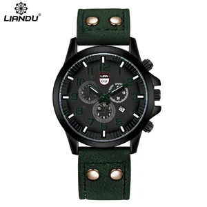 Men's quartz sport watch with matte black case, green riveted strap and calendar display